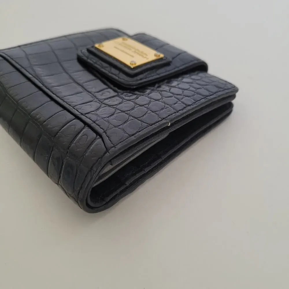 Leather Jewels Leather Wallet Bifold Credit Card Bill Croc Black‎ Small Compact